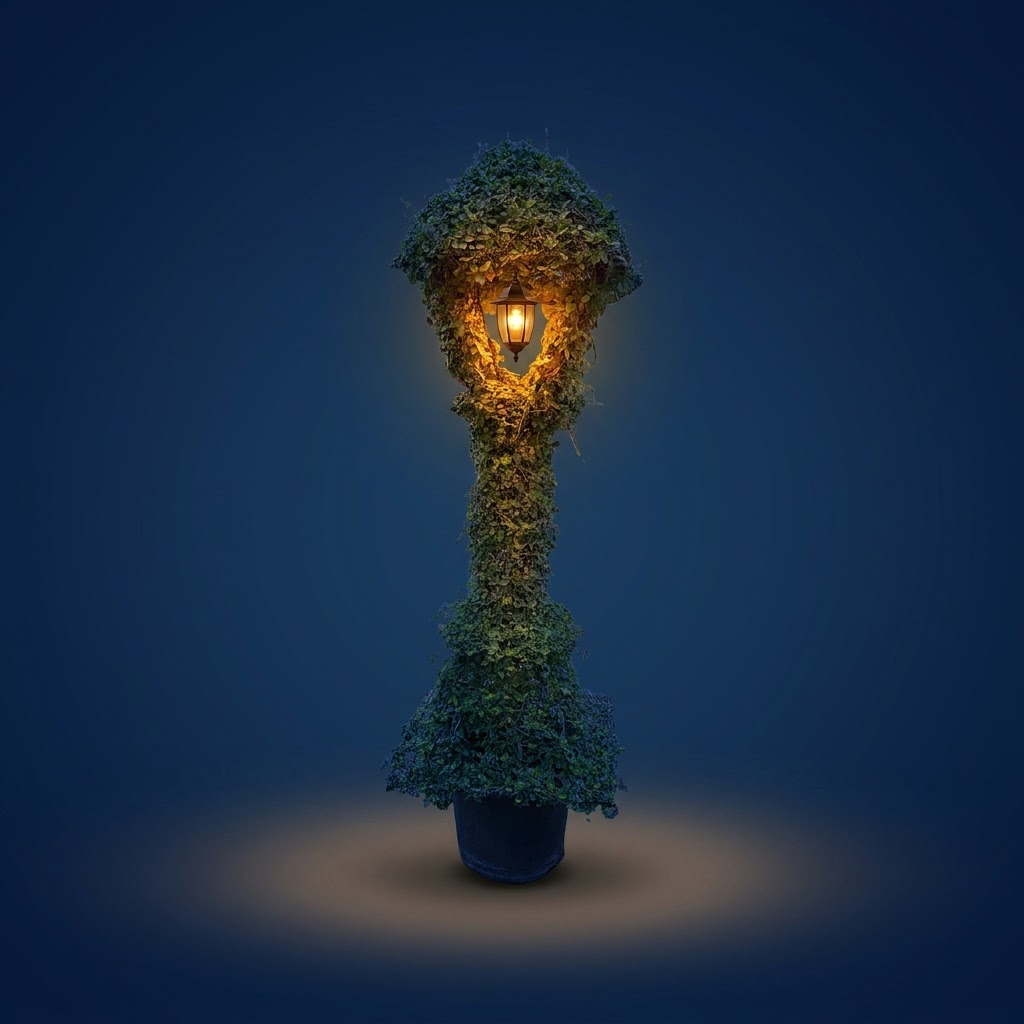 Lamp topiary lit up at night